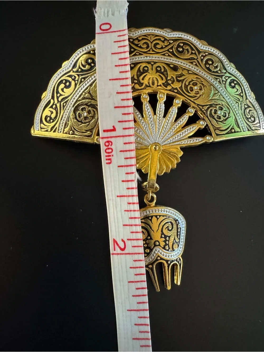 Vintage Gold Tone Fan Brooch - Black Enamel - Dangle Hair Comb - Victorian